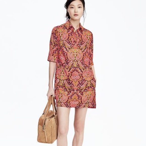 Banana Republic BR bright orange pink Paisley short shirt Dress easy care 4 S SM - Picture 1 of 15